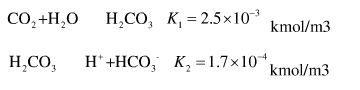 已知常压下，20℃时，CO2在水中的亨利系数为1.44×105kPa，并且已知以下两个反应的平衡常数