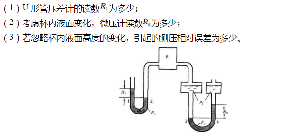 某容器内的气体压强p=100Pa（表压)，在容器两侧分别连接一个U形管压差计和双杯式微压计。U形管压