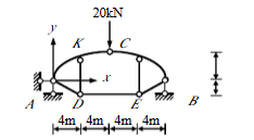 求图示三铰拱结构的支座反力，链杆轴力，并求指定截面K的内力。  