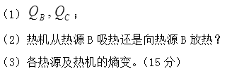 一可逆热机完成循环时与A，B，C3个热源交换热量，从热源A吸热QA=1500kJ，对外输出净功W0=