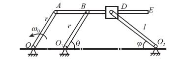 图示平面机构，曲柄O1A绕O1轴以匀角速度ω1=1rad／s转动，通过套筒A带动O2B杆绕O2轴转动