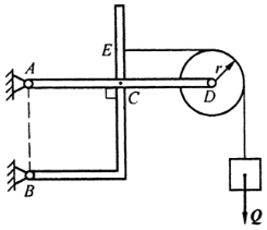 如图所示平面支架，直角弯杆BE与水平杆AD在C点铰接，AD杆的A端铰接一半径为r=0.3m的滑轮。跨