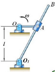 曲柄摆杆机构如图所示。曲柄OA=r，以匀角速度ωO绕O轴转动，通过套筒A带动摆杆O1B绕O1轴转动。