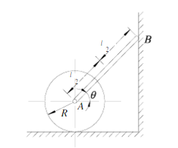 均质杆AB的质量为m1，长度为L，上端B靠在光滑的铅直墙壁上，下端与均质圆柱的中心A铰接。圆柱的质量