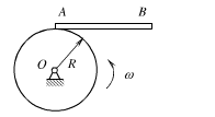 质量为m，长度l=2R的匀质细直杆AB的A端固接在匀质圆盘边缘上。圆盘以角速度ω绕定轴O转动，其质量