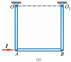 两均质杆OA与O1B，上端铰支固定，下端与杆AB铰链连接，静止时OA与O1B均铅直，而AB水平，如图