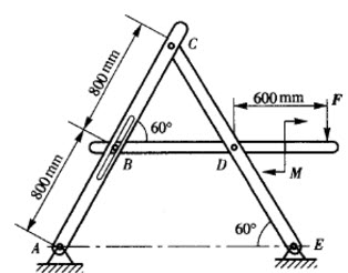 在图示构架中，A，C，D，F处为铰链连接，BD杆上的销钉B置于AC杆的光滑槽内，力F＝200N，力偶
