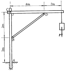 在图示构架中，各杆单位长度的重量为30N／m，载荷P＝1kN，A处为固定端，B，C，D处为铰链。求固