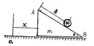 图示三棱柱体ABC的质量为m1，放在光滑的水平面上，可以无摩擦地滑动。质量为m2的均质圆柱体O由静止