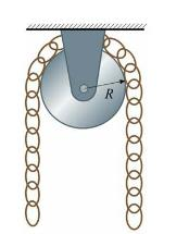 链条全长l＝1m，单位长的质量为ρ＝2kg／m，悬挂在半径为R＝0.1m，质量m＝1kg的滑轮上，在