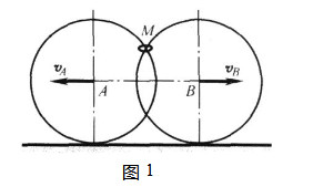 半径R＝0.2m的两个相同的大圆环沿地面向相反方向无滑动地滚动，环心的速度为常数；vA＝0.1m／s