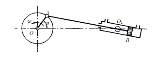 在图示摆动汽缸式蒸汽机中，曲柄OA＝0.12m，绕O轴匀速转动，其角速度为ω＝5rad／s。汽缸绕O