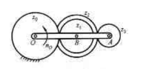 曲柄OA绕固定齿轮中心的轴O转动，在曲柄上安装一双齿轮和一小齿轮，如图所示。已知：曲柄转速n0＝30