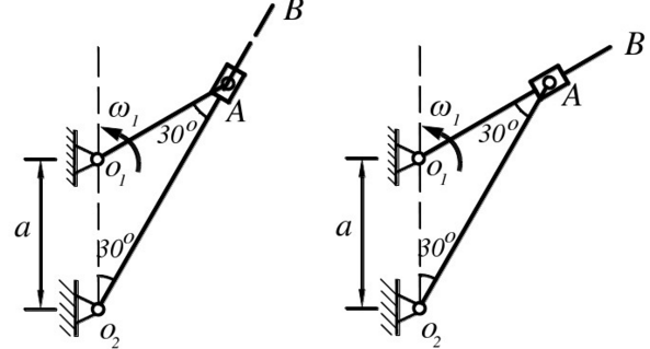 在图a和b所示的两种机构中，已知O1O2＝a＝200mm，ω1＝3rad／s。求图示位置时杆O2A的