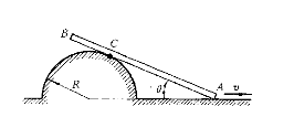 杆AB的A端沿水平线以等速v运动，运动时杆恒与一半圆周相切，半圆周的半径为R，如图所示。如杆与水平线