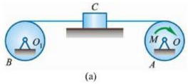 如图所示，轮A和B可视为均质圆盘，半径均为R，质量均为m1。绕在两轮上的绳索中间连着物块C，设物块C