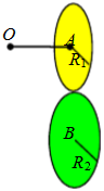 均质圆轮A质量为m1，半径为r1，以角速度ω绕杆OA的A端转动，此时将轮放置在质量为m2的另一均质圆