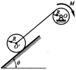 在图示机构中，沿斜面纯滚动的圆柱体O&#39;和鼓轮O为均质物体，质量均为m，半径均为R。绳子不能伸