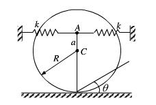 图示一均质圆柱体，质量为m，半径为r，沿水平面作无滑动的滚动。原来质心以等速vc运动，突然圆柱与一高