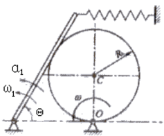 图示偏心轮摇杆机构中，摇杆O1A借助弹簧压在半径为R的偏心轮C上。偏心轮C绕轴O往复摆动，从而带动摇