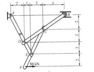 如图所示．用三根杆连接成一构架，各连接点均为铰链，B处接触表面光滑，不计各杆的重量。图中尺寸单位为m