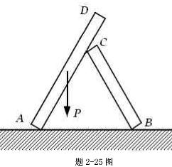 均质长板AD重P，长为4m，用一短板BC支撑，如图所示。若AC＝BC＝AB＝3m，BC板的自重不计。