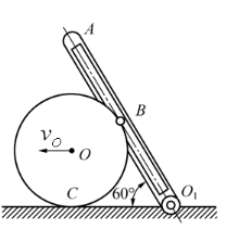 如图所示，轮O在水平面上滚动而不滑动，轮心以匀速vO＝0.2m／s运动。轮缘上固连销钉B，此销钉在摇