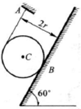 图示均质圆柱体的质量为m，半径为r，放在倾角为60°的斜面上。一细绳缠绕在圆柱体上，其一端固定于点A