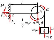 如图所示，质量为m1的物体A下落时，带动质量为m2的均质圆盘B转动，不计支架和绳子的重量及轴上的摩擦