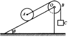 滚子A质量为m1，沿倾角为θ的斜面向下只滚不滑，如图所示。滚子借一跨过滑轮B的绳提升质量为m2的物体