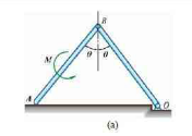 平面机构由两匀质杆AB，BO组成，两杆的质量均为m，长度均为l，在铅垂平面内运动。在杆AB上作用一不
