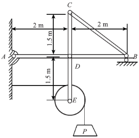 图3－27所示构架中，物体重1200N，由细绳跨过滑轮E而水平系于墙上，尺寸如图，不计杆和滑轮的重量