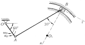 在图9－27所示曲柄连杆机构中，曲柄OA绕O轴转动，其角速度为ω0，角加速度为a0。在某瞬时曲柄与水