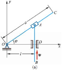 如图8－16所示，摇杆机构的滑杆AB以等速口向上运动，初瞬时摇杆OC水平。摇杆长OC=a，距离OD=
