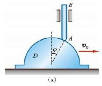 半径为R的半圆形凸轮D以等速v0沿水平线向右运动，带动从动杆AB沿铅直方向上升，如图8－28所示。求