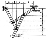如图3－31所示，用三根杆连接成一构架，各连接点均为铰链，B处接触表面光滑，不计各杆的重量。图中尺寸