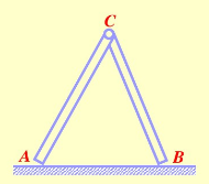 两均质直杆AC和CB，长度相同，质量分别为m1和m2。两杆在点C由铰链连接，初始时维持在铅垂面内不动