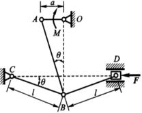 在图2－32示结构中，曲柄OA上作用一力偶，其矩为M；另在滑块D上作用水平力F。机构尺寸如图所示，各
