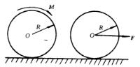在图中，一半径为R、质量为m的圆轮，在下列两种情况下沿平面作纯滚动：①轮上作用一顺时针的力偶矩为M的