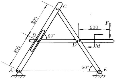 在图3－30所示构架中，A、C、D、E处为铰链连接，BD杆上的销钉B置于AC杆的光滑槽内，力F=20