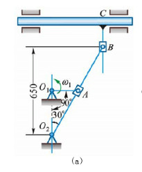 牛头刨床机构如图所示。已知：O1O2位于铅垂位置，曲柄O1A=r，以匀角速度ω匀速转动。求图示位置（