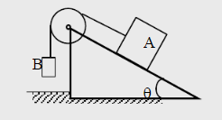 物块A重量为G1，沿倾角为θ的楔形块D的斜面滑下，同时借绕过图示滑轮的细绳使重量为G2的重物B上升，