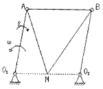 下图所示平面机构中，刚性板AMB与杆O1A、O2B铰接，若O1A=O2B=L，O1O2=AB，在图示