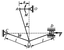 在图15－10所示机构中，曲柄OA上作用一力偶，其矩为M，另在滑块_D上作用水平力F。机构尺寸如图所