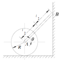 均质细杆AB长l，质量为m1，上端B靠在光滑的墙上，下端A以铰链与均质圆柱的中心相连。圆柱质量为m2