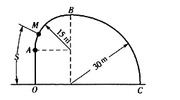 点M沿轨道OABC运动，OA段为直线，AB和BC段分别为四分之一圆弧，如图所示。已知：点M的运动方程