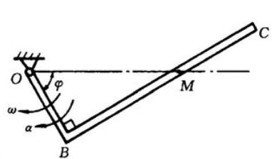直角曲杆OBC可绕O轴转动，如图所示。已知：OB=10cm。图示位置φ=60°，曲杆的角速度ω=0.