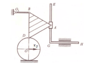 平面机构如图所示。轮沿固定轨道作纯滚动，通过铰接的三角形ABD与套筒A铰接，并带动直角杆EGH作水平
