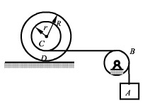 在图所示平面机构中均质塔轮质量为m，外轮半径R，内轮半径r，对其中心轴C的回转半径ρ。今在塔轮的内圆