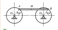 机构如图（a)所示。已知O1A=O2B=AM=r=0.2m，O1O2=AB。如O1轮按φ=15πt的